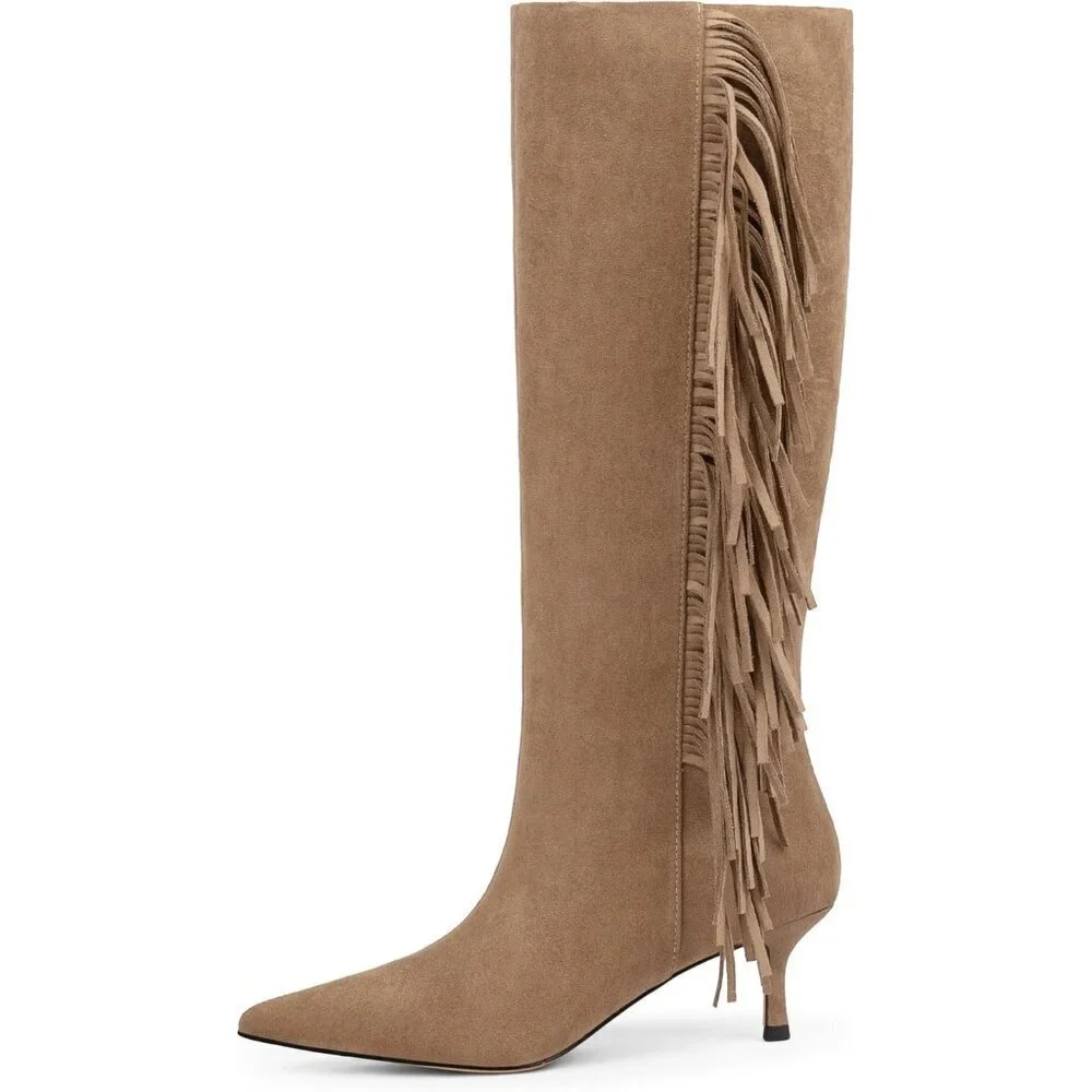 Women Suede Camel Knee High Boots Kitten Heels Tall Pointed Toe Long Boots